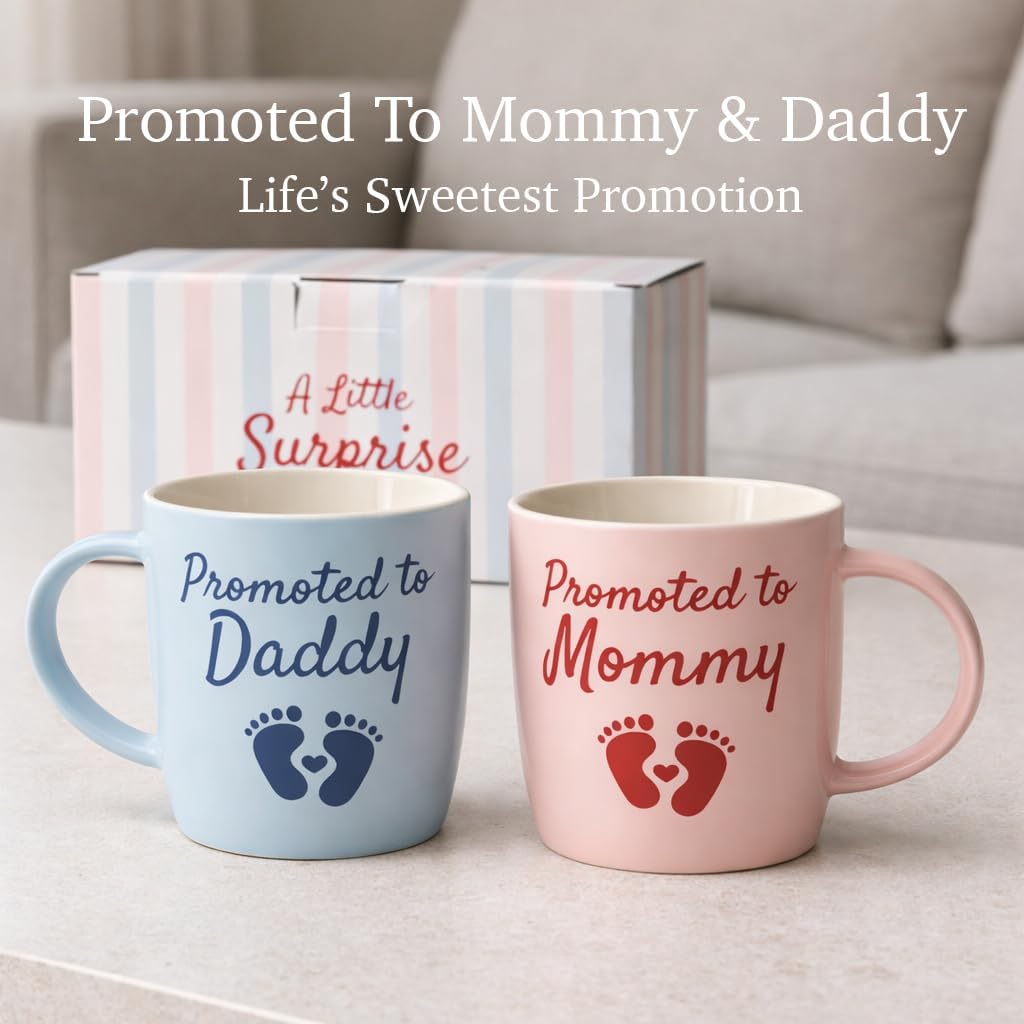 Triple Gifffted Promoted to Mommy and Daddy Coffee Mugs Set, 13oz Ceramic image 2
