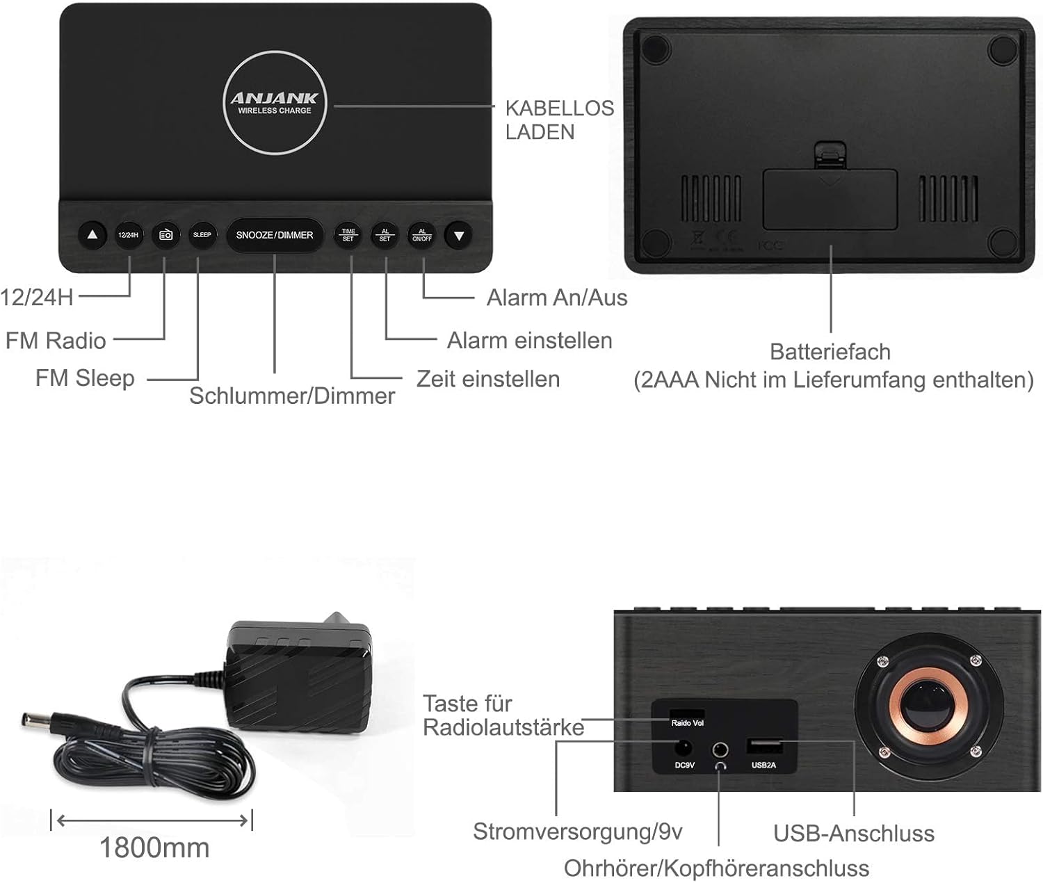 Diagram showing the top control buttons and rear ports of the ANJANK AC190-DE alarm clock.