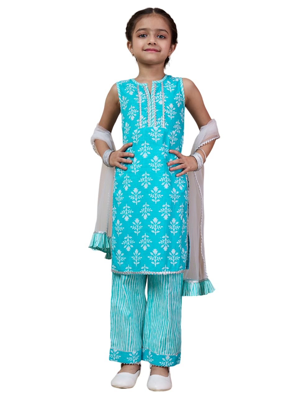 Pspeaches Girl's Cotton 1 Kurti, 1 Pajama, 1 Dupatta (Ks-Bluewhitebooti-3-4Y_Blue