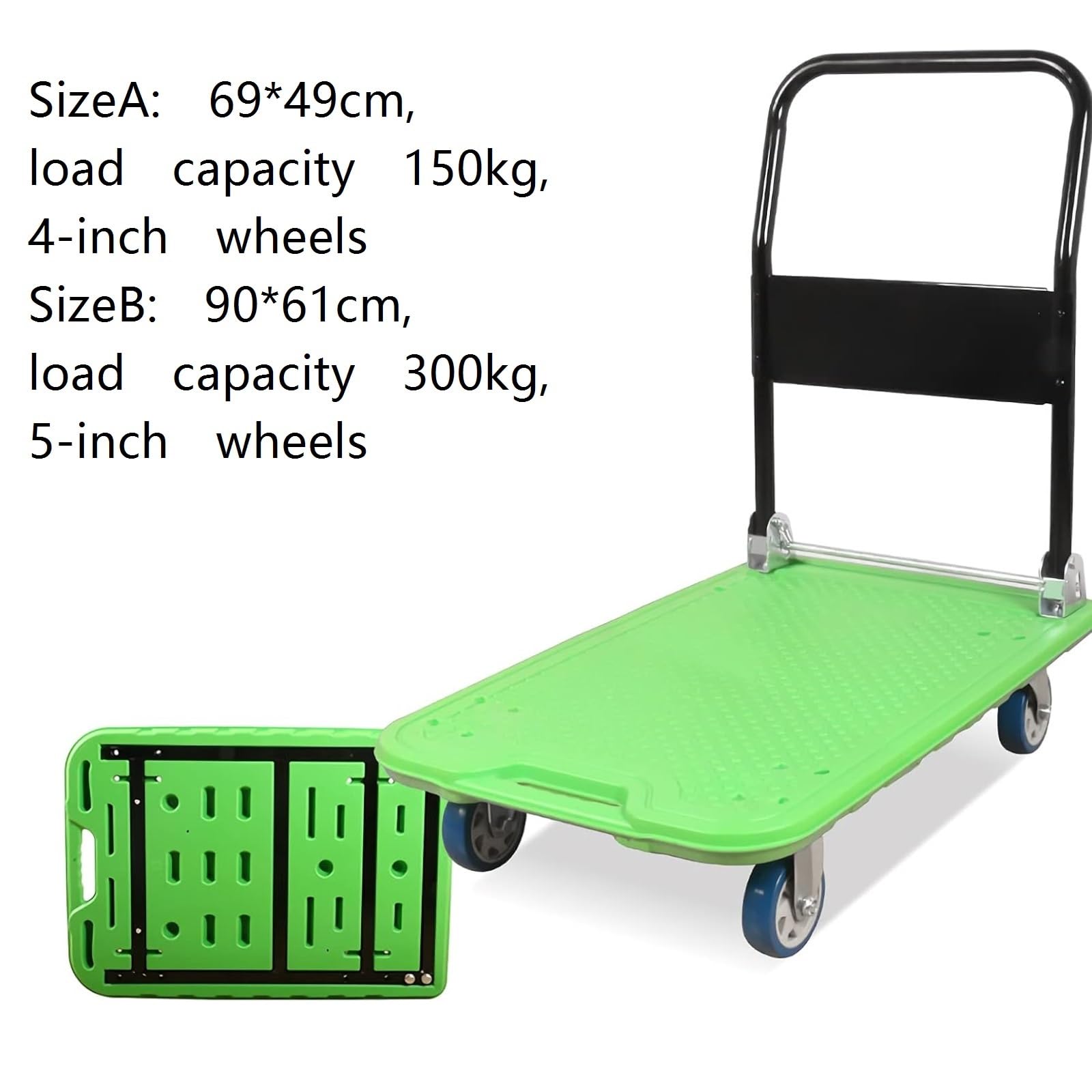 Carro de Empuje, Plataforma móvil Plegable, Ruedas reforzadas y engrosadas, Carro con Ruedas de Color Verde. Carro de Mano