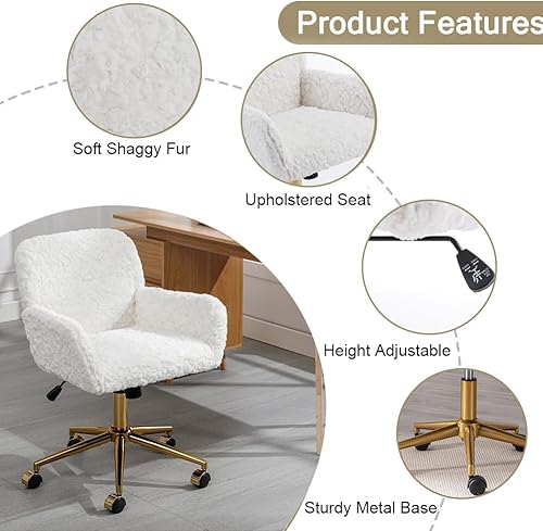 Miniatura 5 de Goujxcy Silla de escritorio moderna de piel sintética, elegante silla de oficina blanca esponjosa para mujeres y niñas, silla giratoria de altura