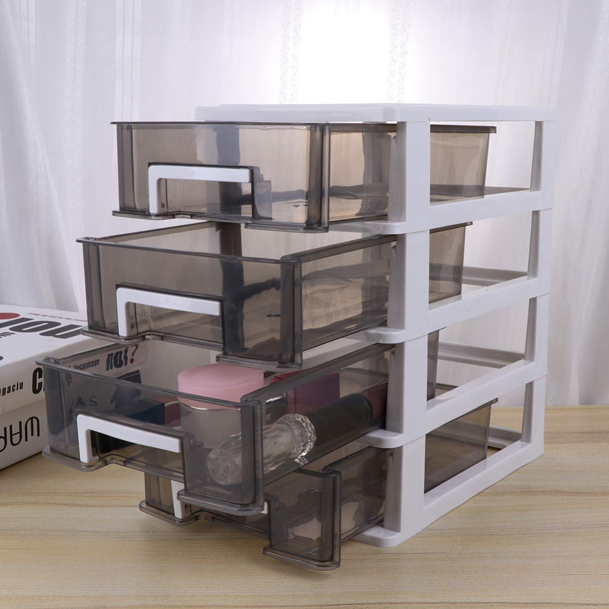 FRCOLOR Scatola Organizer Trasparente a 4 Strati Cassetti in Pp | Design a Cassetti, Formato Compatto per Piccoli Spazi, Adatta a Ufficio e Bagno