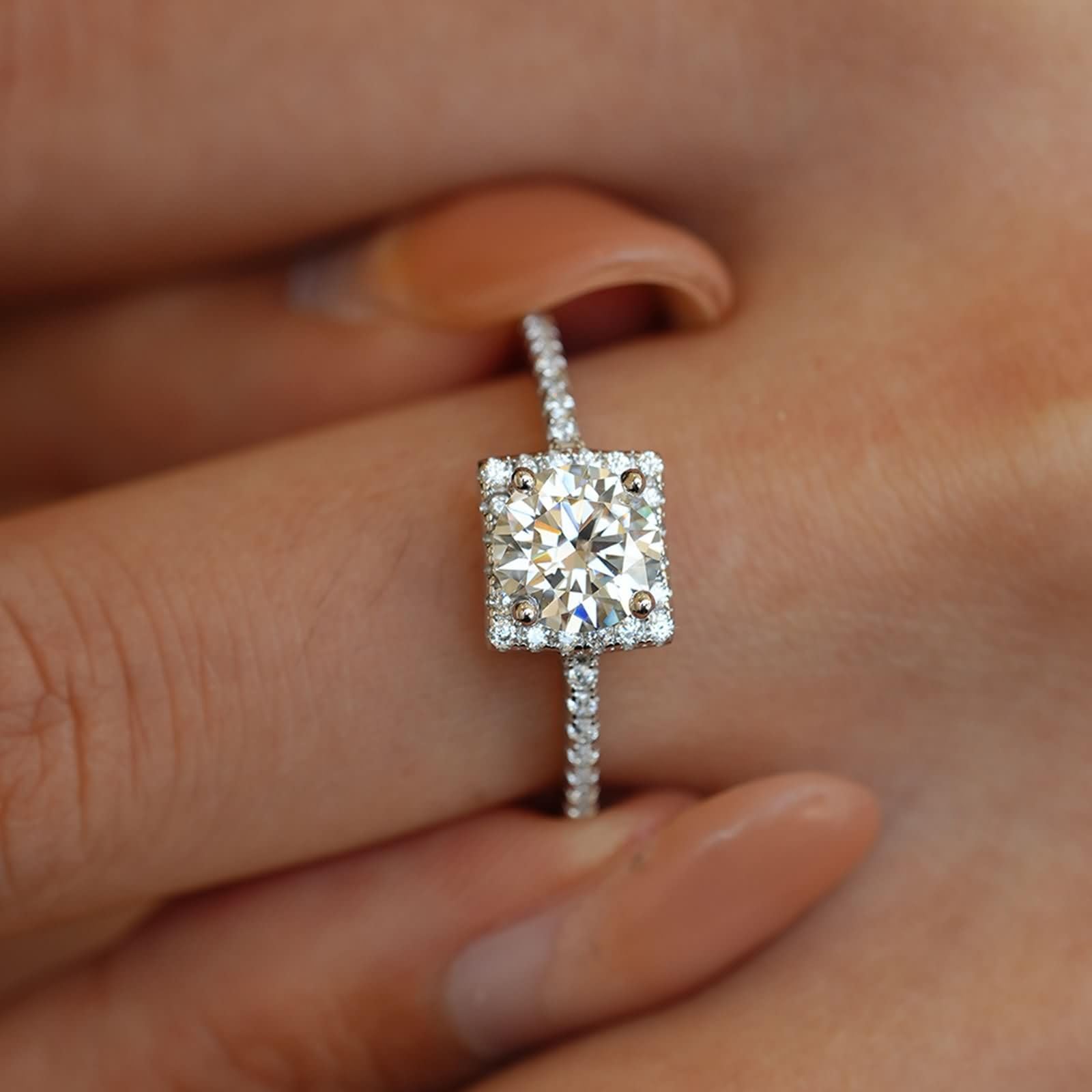 Halo obrączki ślubne z żółtego złota dla kobiet z moissanit, białe złoto, 18 karatów, 9K / 14K / 18K białe złoto, rozmiar 47 (15,0)-65 (20,7)