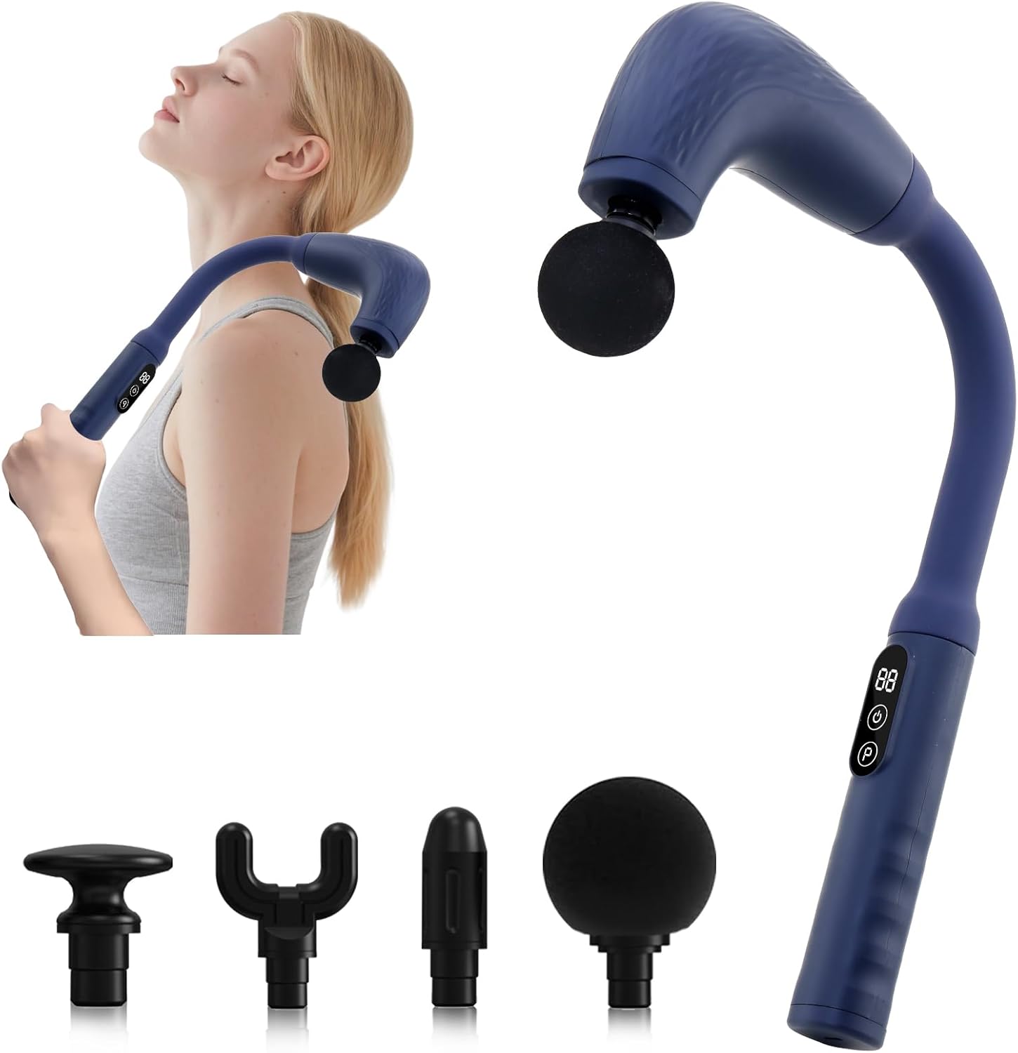 Massage Gun with Upgraded Extension Handle, Back Massager for Pain Relief Deep Tissue, Muscles/Neck/Shoulders/Waist/Legs Massager with 4 Massage Heads & 6 Speed Levels & 3 Massage Modes, Blue