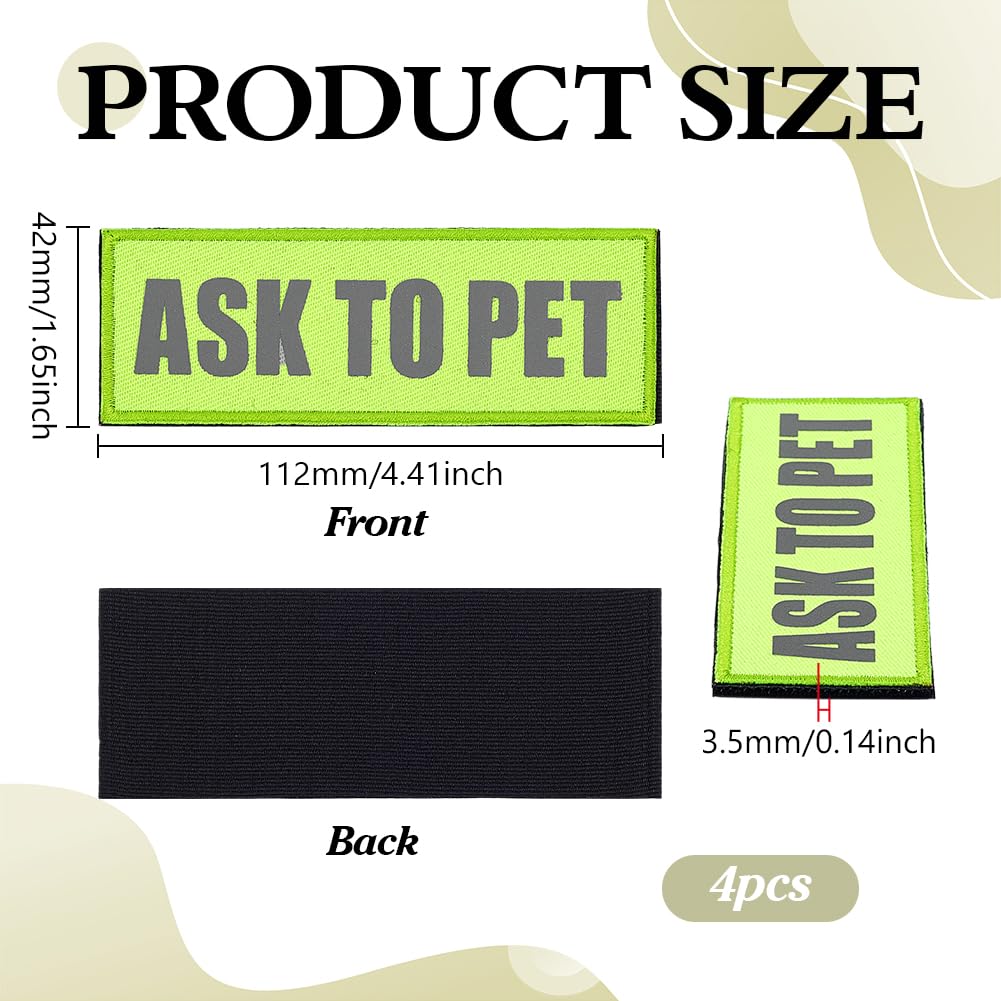 FINGERINSPIRE 4PCS Reflective Dog Patches for Vests 112x42mm Service Dog Hook & Loop Tags Polyester Rectangle Green Yellow Ask to Pet Dog Applique Patch for Safety Visibility at Night - Image 2