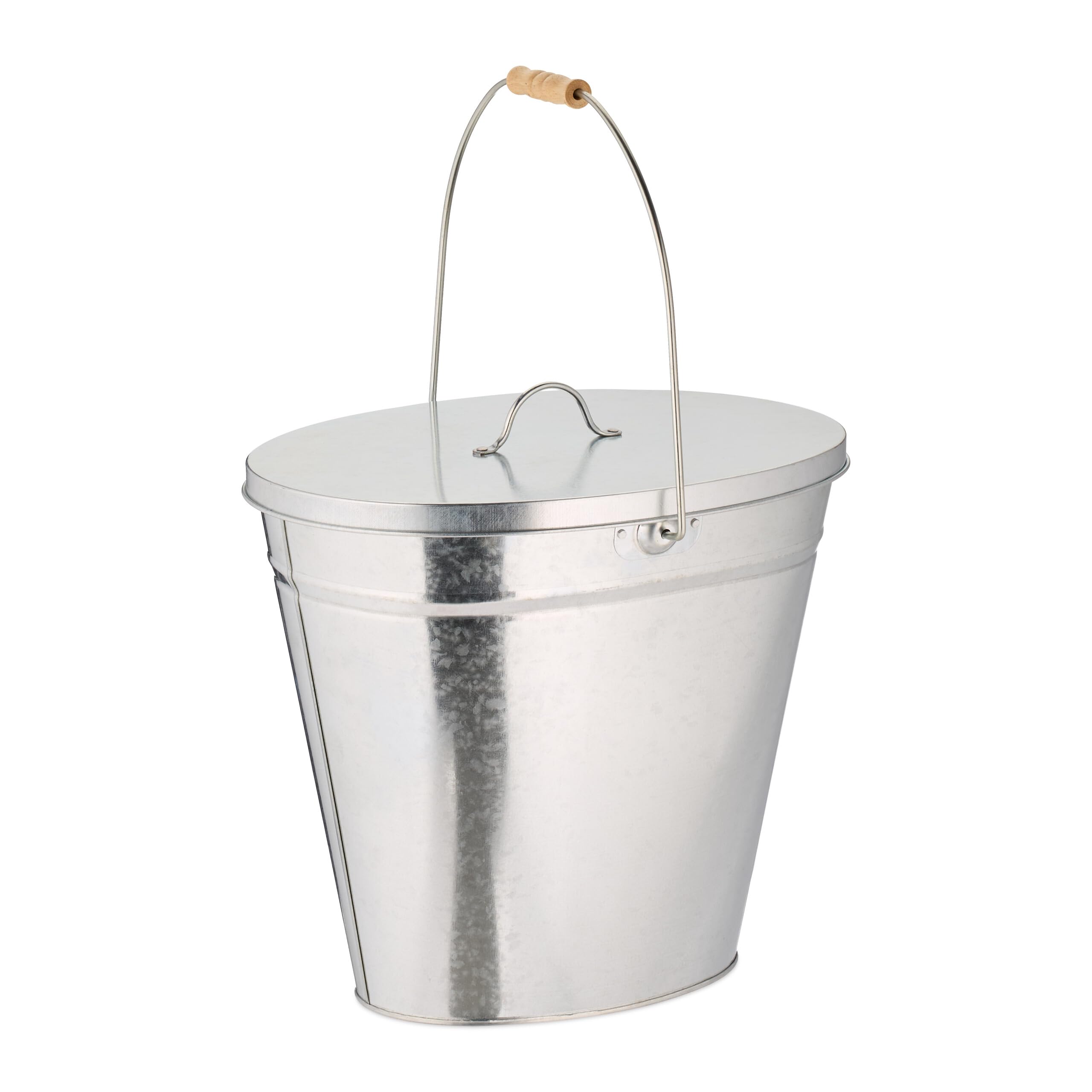 Relaxdays Seau avec Couvercle, 22 L, poignée en Bois, pour Charbon & Cendres, cheminée, poêle, Acier galvanisé, argenté