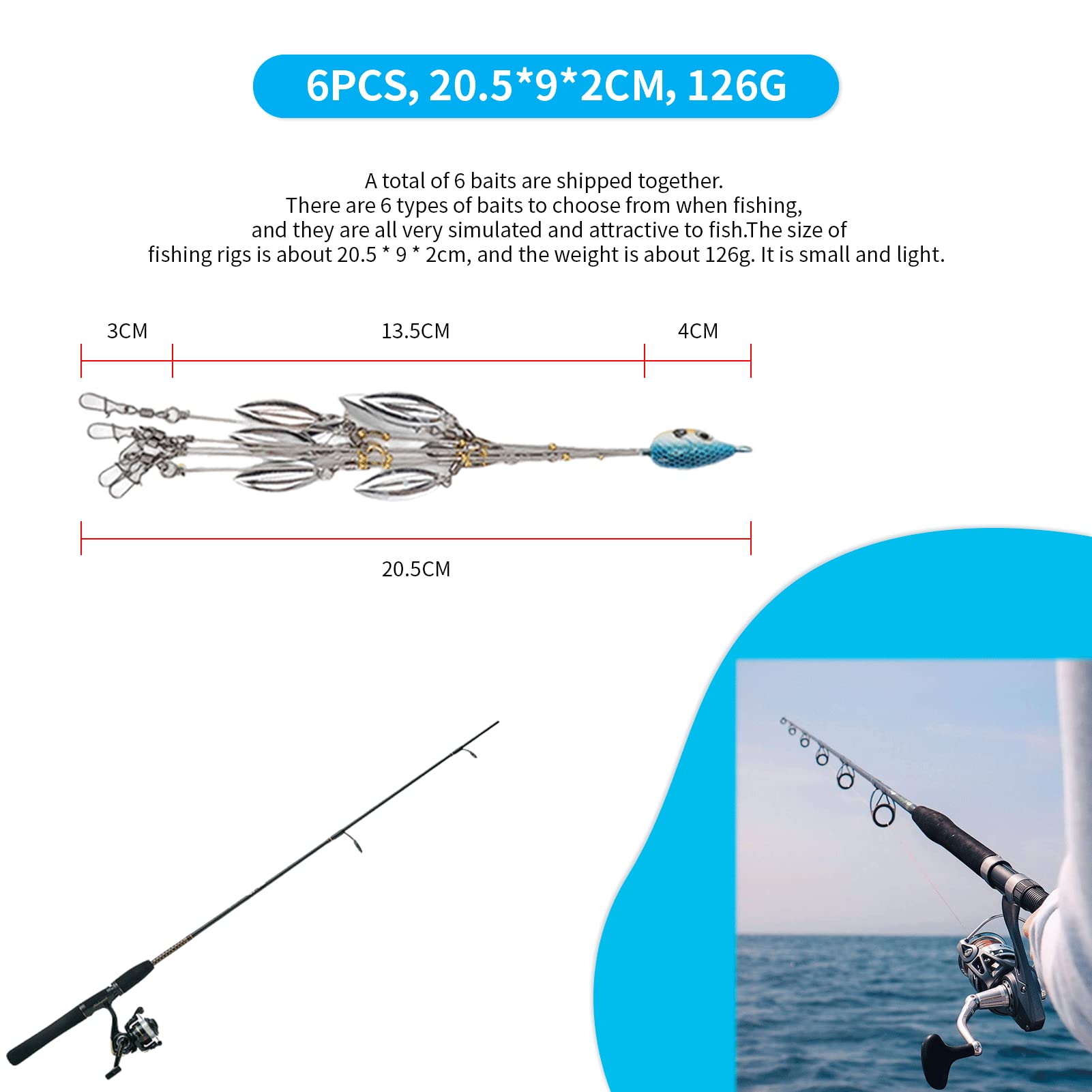 Set Esche Ombrello 6 Pezzi 6 Esche Da Pesca A Ombrello Elprico - Con 8 Palette Metalliche E Occhio 3D Simulato Per Pesca A Striscio Rig Pesca Con 8 Paillettes Metalliche