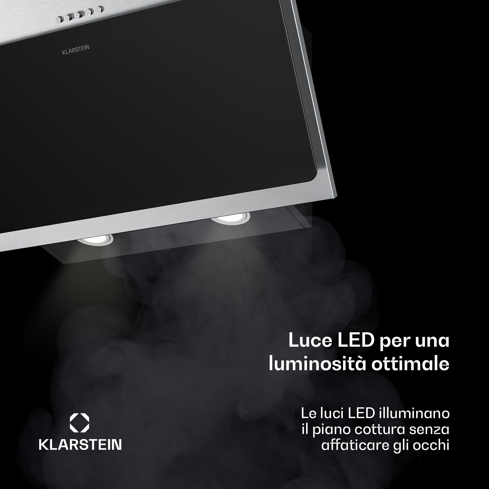 Klarstein Alessia Cappe Inclinate - 60cm Cappa Angolare, 404 m³/h, LED, A+++, 3 Velocità & Boost, Filtro Carbone, Acciaio Inox & Vetro Nero, Aspirante o Ricircolo, Cappa Cucina