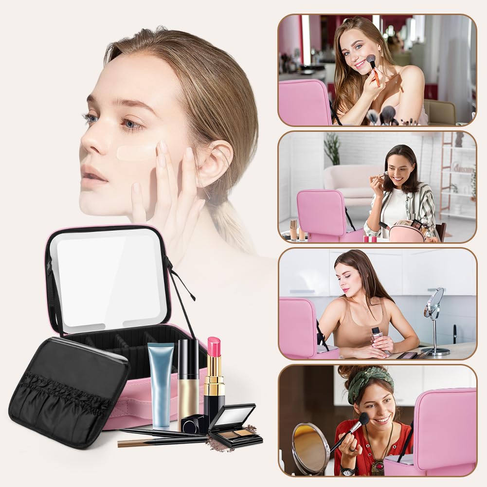 OSDUE Beauty Case da Viaggio Donna 23x26 cm Borsa Cosmetica con Specchio 3 Colori LED Porta Trucchi Rosa