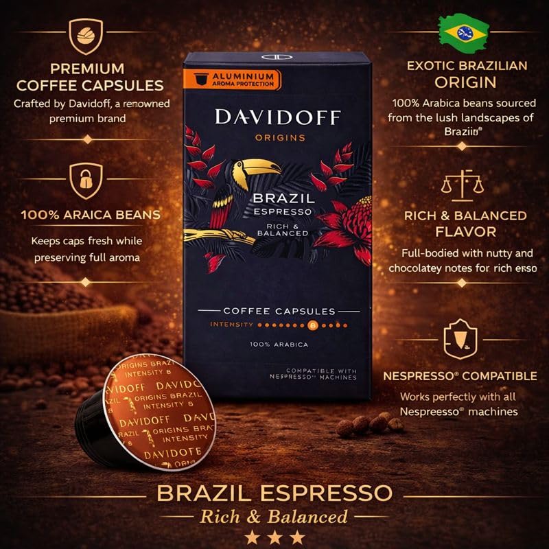 Image of Davidoff Origins Brazil Espresso Coffee Capsules (10 Pods) 55g Box By Cougar | 100% Arabica Coffee | Rich & Balanced Espresso | Intensity 8 | Aluminium Capsules Compatible with Nespresso Machines - (Imported)
