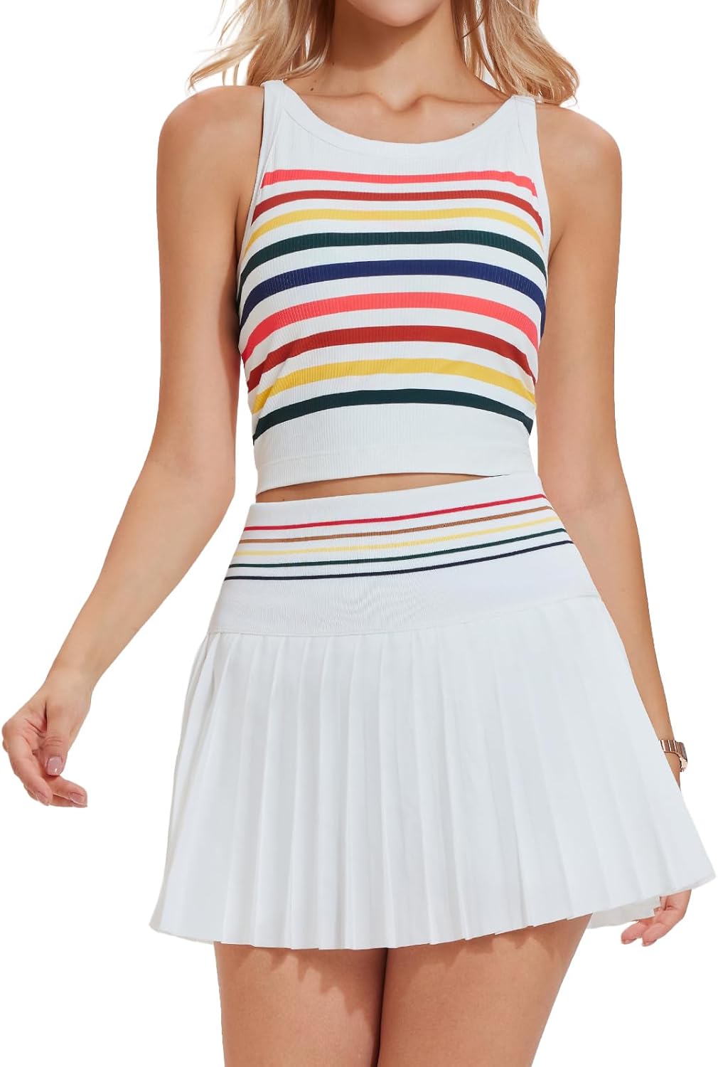 Airfree Two Piece Tennis Skirt Set Golf Outfits for Women High Waisted Tennis Short Dress with Pockets Athletic 2 Piece Sets