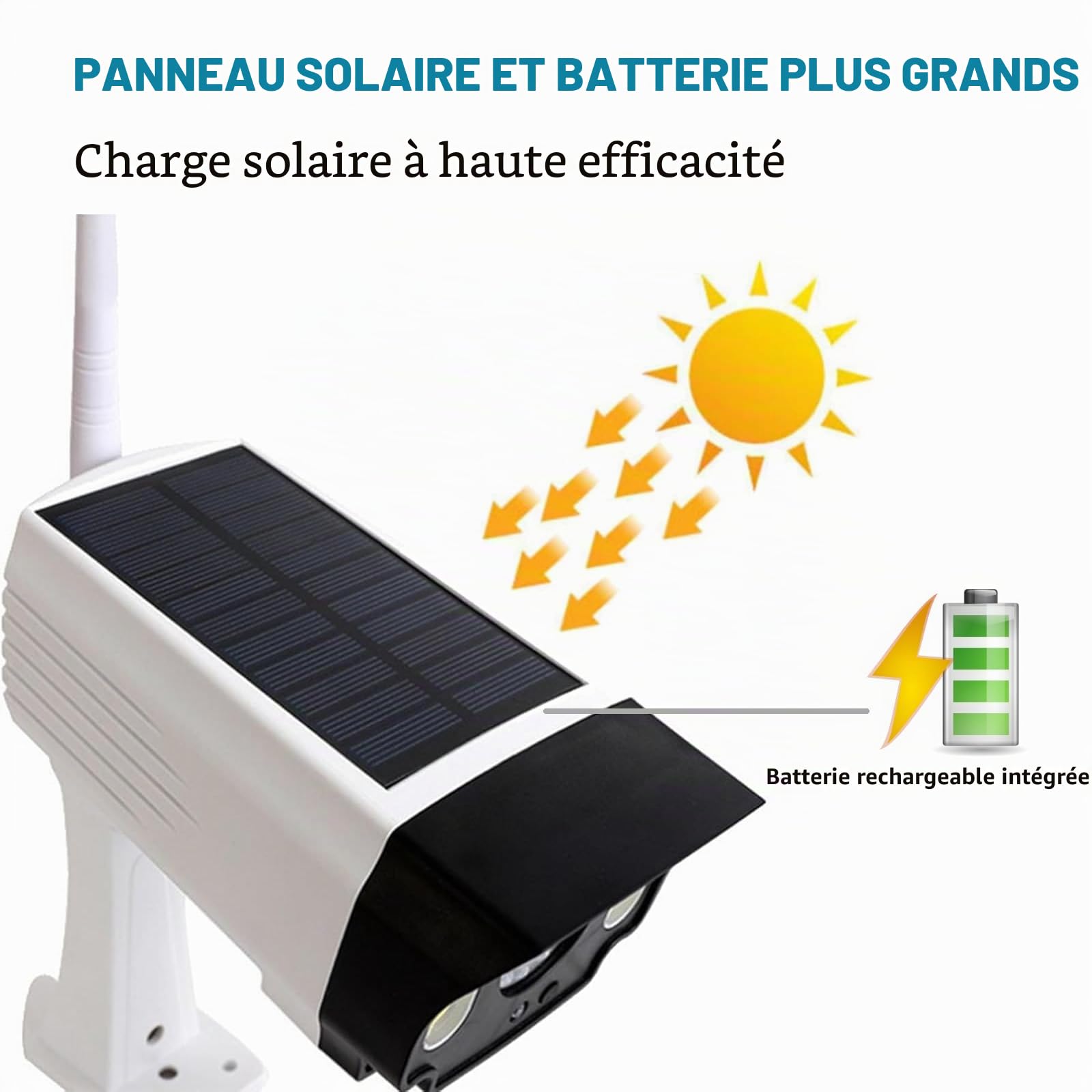 Justop - Caméra de vidéosurveillance factice, alimentée par panneau solaire, avec projecteurs de sécurité LED et détecteur de mouvement PIR, étanche pour usage extérieur - Blanc