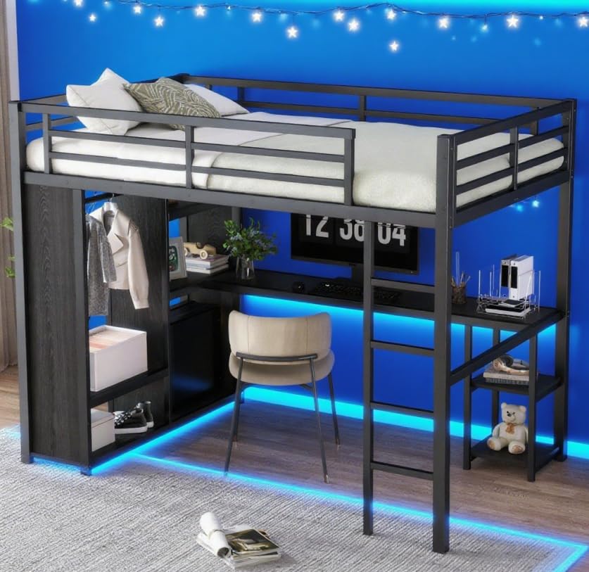 Image of Bellemave Twin XL Loft Bed with Desk, Wardrobe, Metal Twin XL Loft Bed Frame for Adults, Kids, Teens, Black