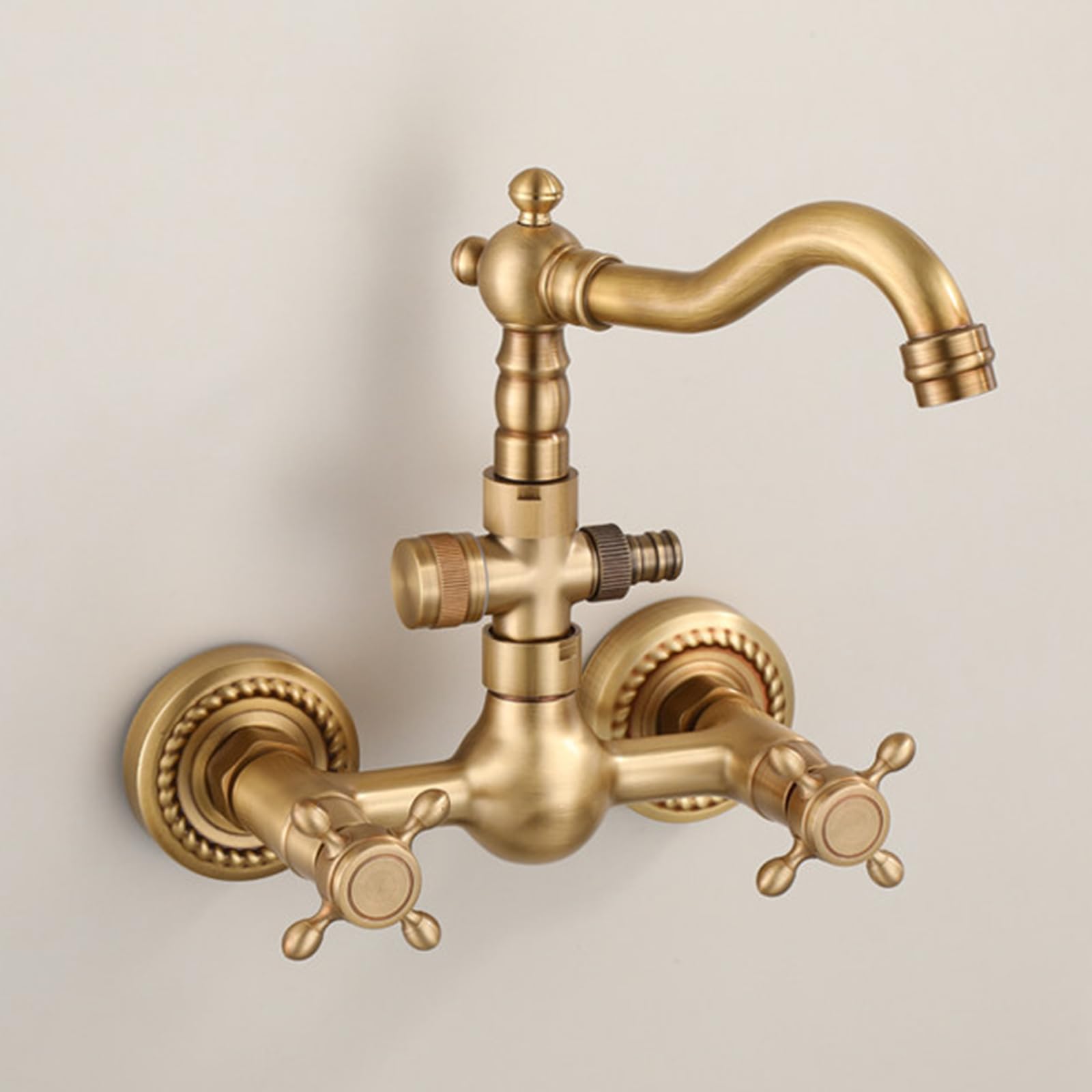 Rubinetto A Parete con Attacco Lavatrice Rubinetto Bagno Lavabo Acqua Calda E Fredda In Ottone Doppio Foro Doppia Maniglia,Antico