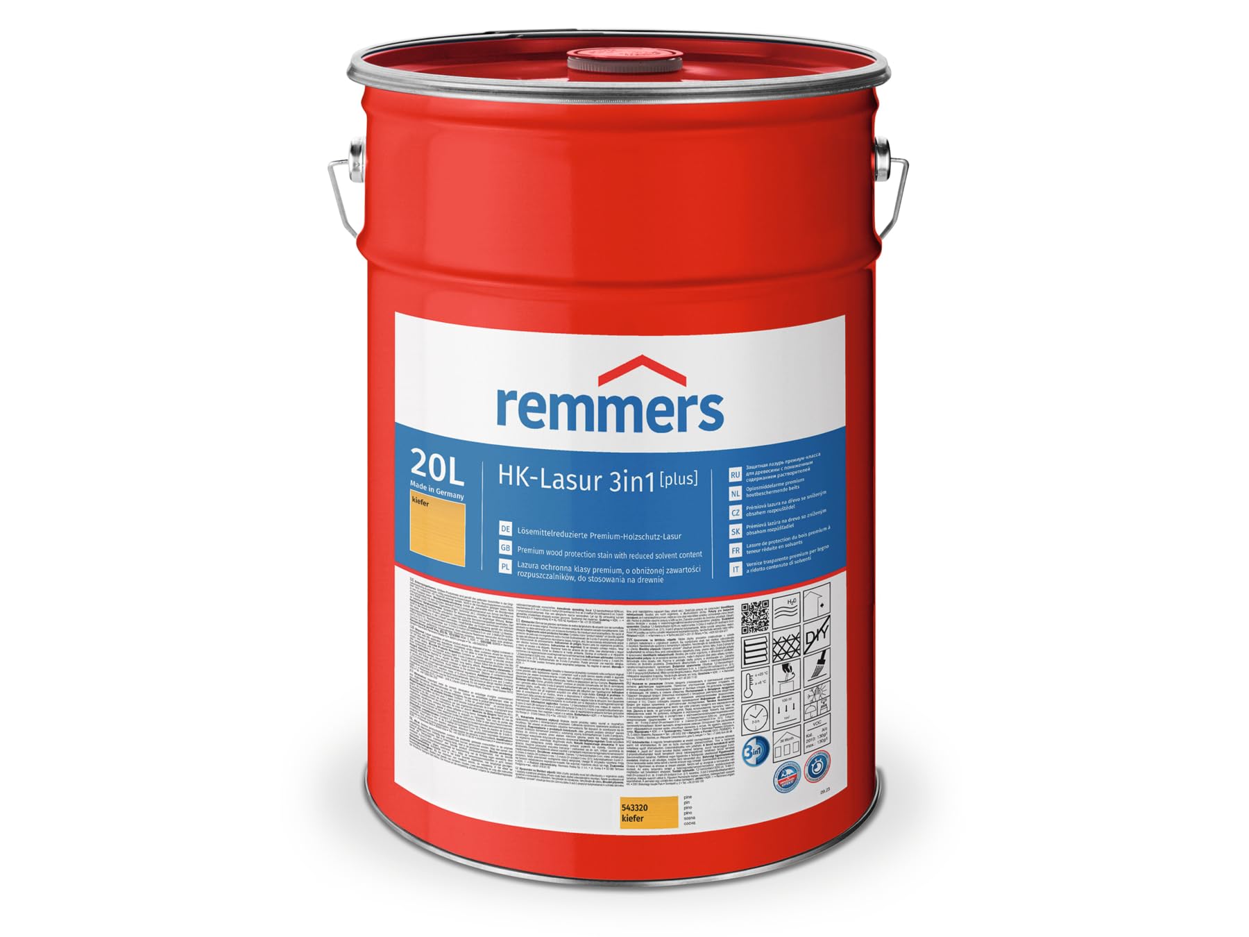 Remmers HK-Lasur 3 en 1 [plus] pino mate, 20 litros, barniz protector de madera premium reducido con disolventes para exteriores, 3 en 1, secado rápido, duradero