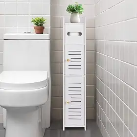 LuiceABC Suporte de papel higiênico, armário de armazenamento sobre o vaso sanitário para banheiro, prateleira de canto fina para armazenamento de espaço pequeno, armário de armazenamento de banheiro