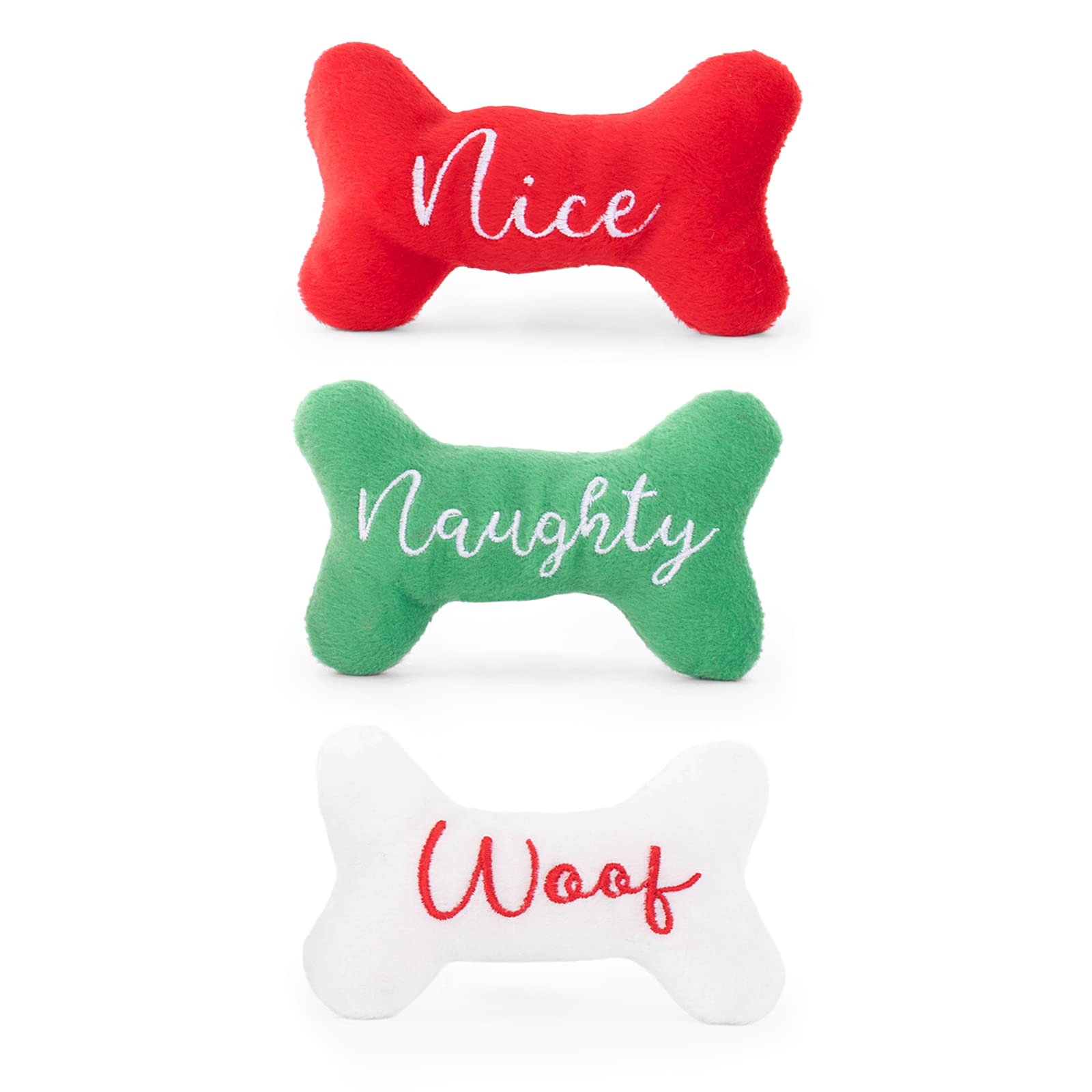 Zippy Paws Holiday Miniz 3-Pack - Naughty and Nice Bones Dog Plush Toy for Small Dogs, Red, White, Green