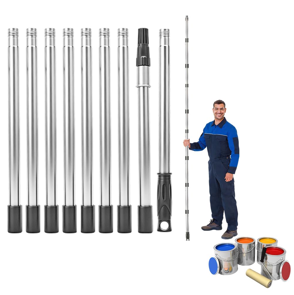 Yuragim Barre télescopique de 3,6 m - Barre d'extension en 9 pièces - Barre télescopique - En acier inoxydable - Pour rouleau de peinture, rouleaux de peinture, outils de peinture, manche télescopique