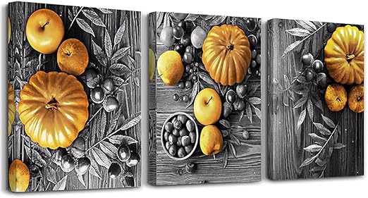 DZRWUBHS Black And White Pumpkin Wall Paintings Canvas Wall Art For Kitchen Wall Decor For Dining Room Living Room Wall Decorations For Restaurant Prints Pictures Artwork Home Decor 3 Piece Set