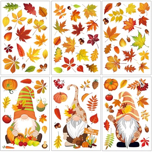 6 Hojas de Acción de Gracias, Adhesivo para Ventana de Otoño,para Ventana de Acción de Gracias, Decoración de Otoño, para Ventana de Vacaciones de Temporada,para Ventanas de Otoño