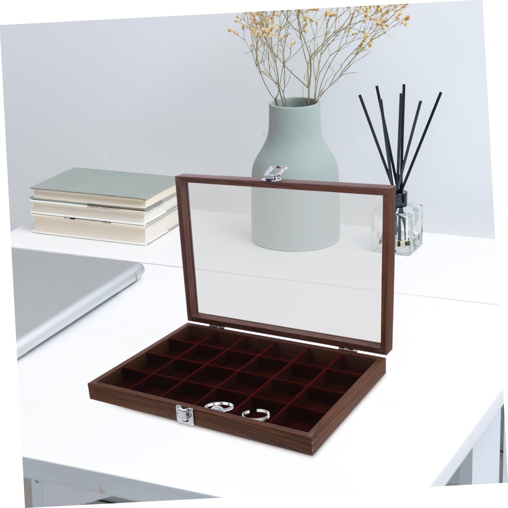 Boîte à Thé Compartimentée en Verre et Bois avec 24 Cases, Design Élégant et Portable, pour Rangement de Sachets à Thé la Cuisine ou Salle à Manger
