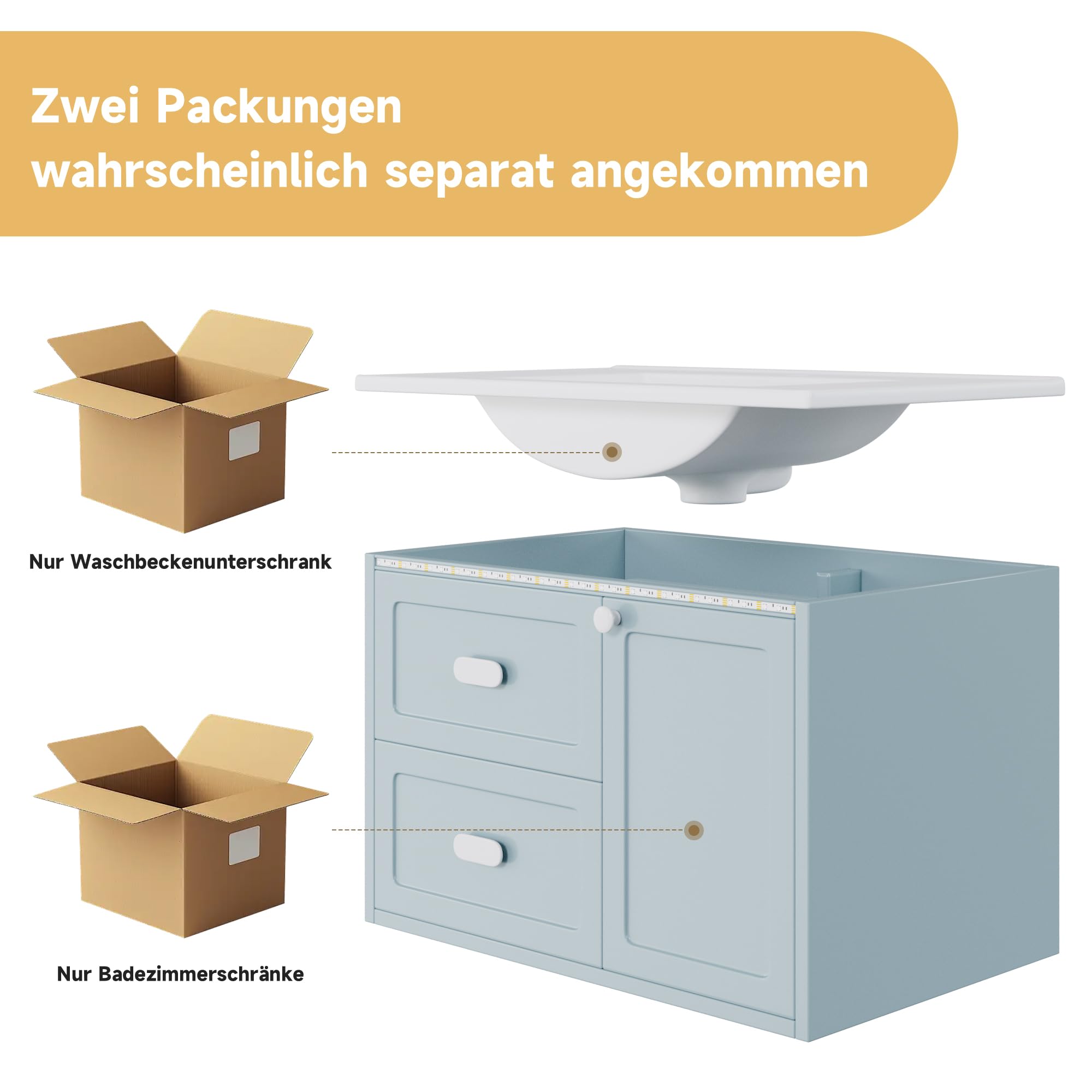 HAINEW Umywalka z szafką pod umywalkę, zestaw mebli łazienkowych, umywalka z szafką pod umywalkę, wiszące meble łazienkowe, 2-częściowy zestaw z 1 drzwiami i 2 szufladami, 76 × 46 × 51 cm, HD26022708