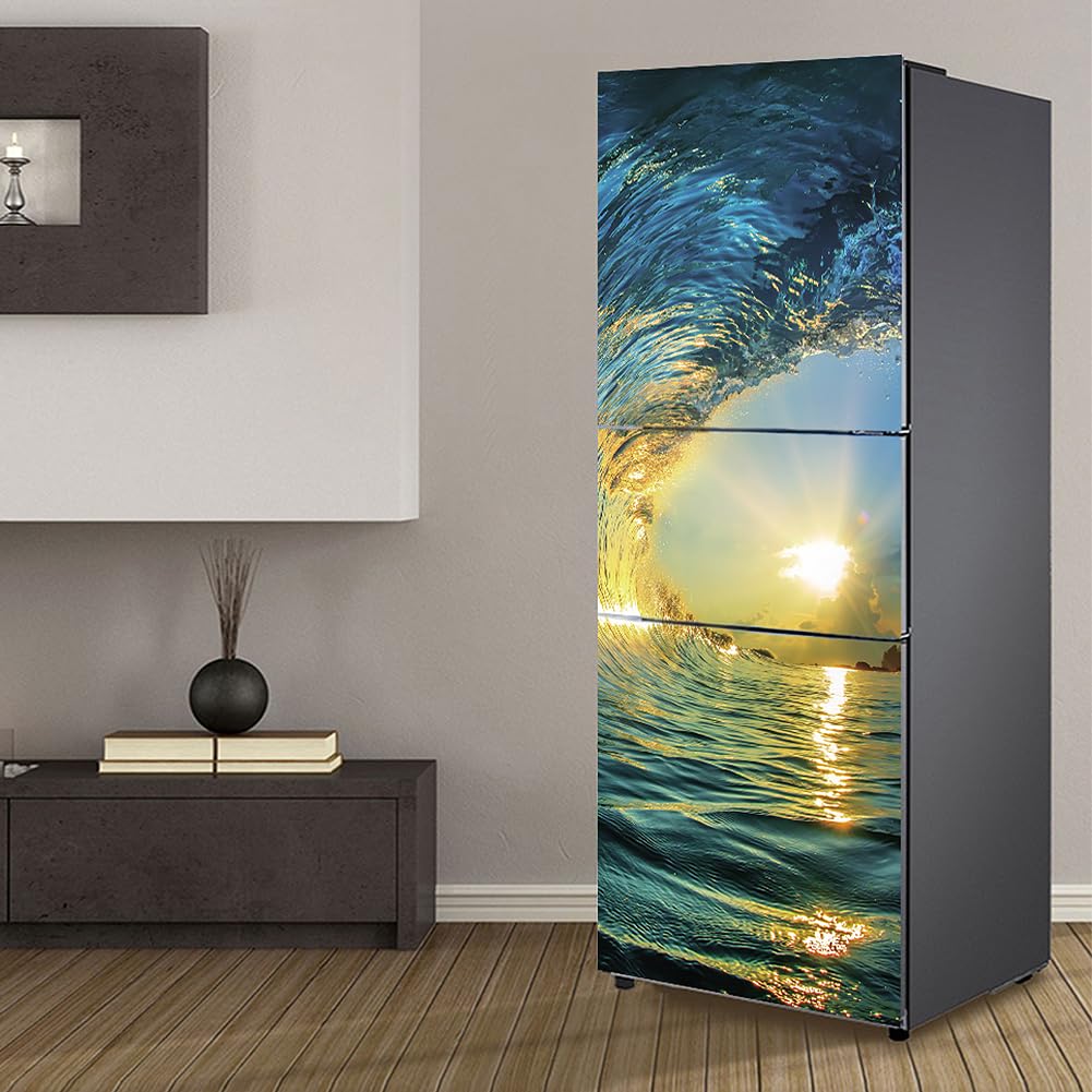 Fridge Wraps Kitchen Fridge Stickers Cover Full Doors, Fridge Sticker Full Covering Door Fridge Covers Skins Wall Stickers for Kitchen Decal, Great Wave Sun Sunlight