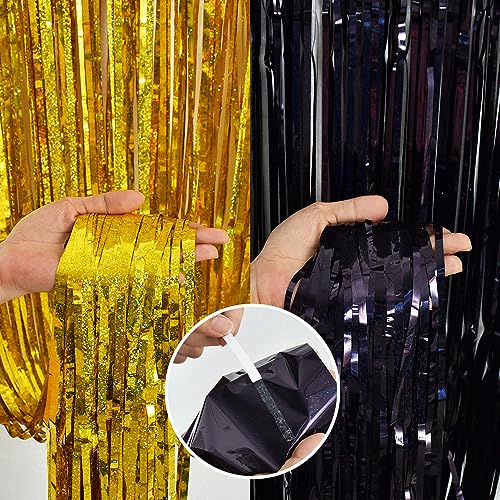Image of BEISHIDA 4 Pcs Black and Gold Party Streamers Fringe Foil Curtain Backdrop Tinsel Background Party Decoration for Door Wall Graduation Birthday Wedding Anniversary Christmas Party Decoration