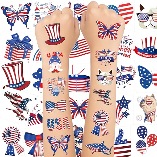 150PCS 4th of July Temporary Tattoos for Kids Fourth of July Decorations American Flag Red White and Blue Accessories Fake Tattoo Stickers USA Independence Day Patriotic Party Favors Supplies Decor