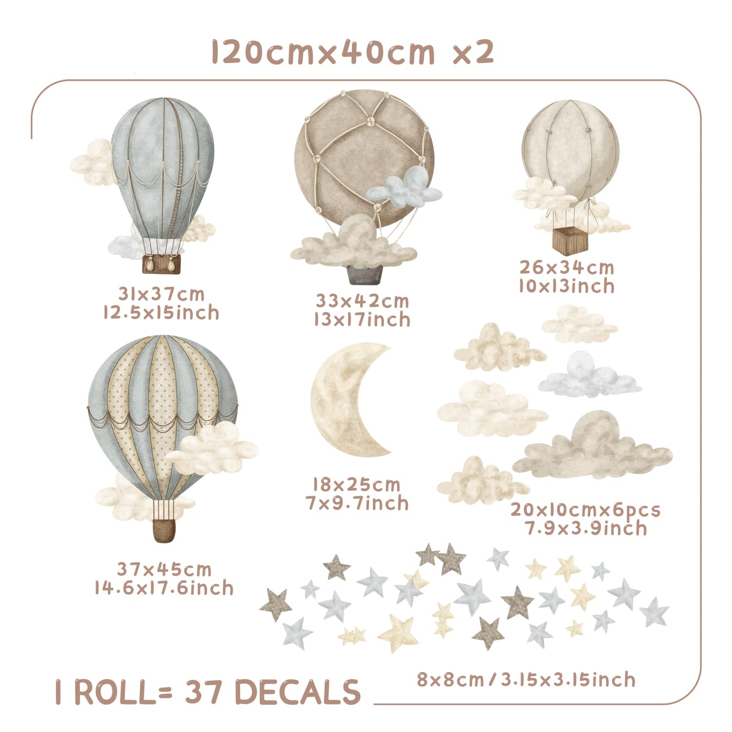 Calcomanía de pared de tela con diseño de globo aerostático de acuarela, estrellas y nubes, calcomanías para bebé, guardería, habitación de niños, decoración de sala de juegos