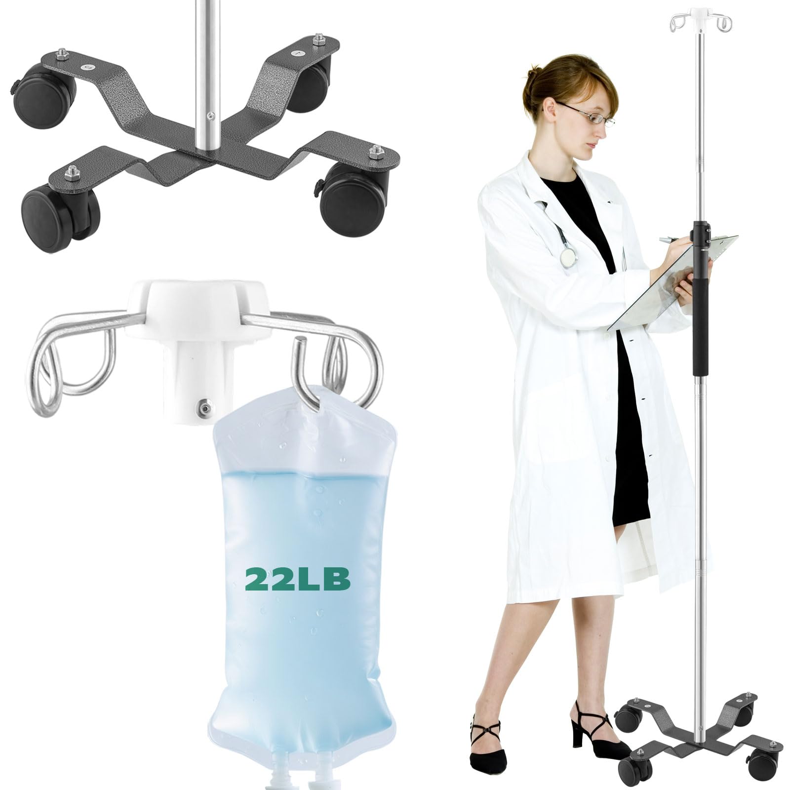 Crilealym IV Pole with Wheels,47 to 100In Infusion Floor Stand Telescopic with 4 Hooks IV Bag Holder Stand Portable Feeding Pump Stand Stainless