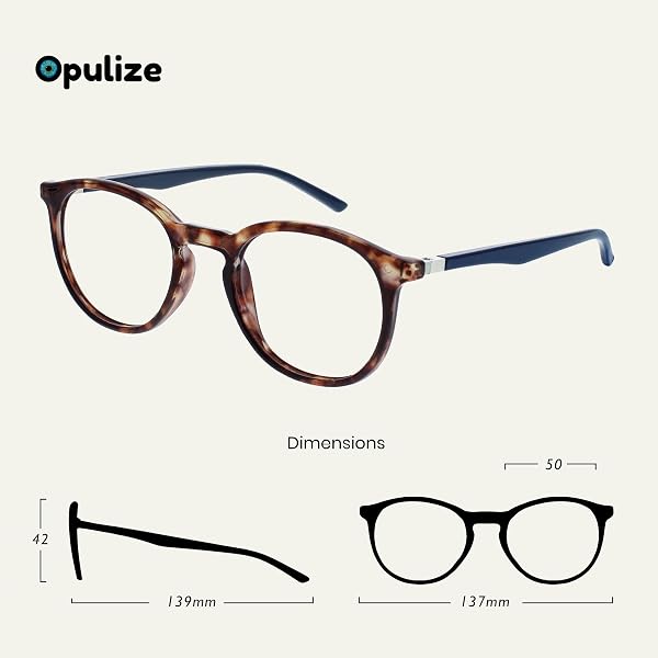 Les lunettes de lecture OPULIZE Met combinent un design rond et mince avec des détails écaille de tortue marron et bleu marine.