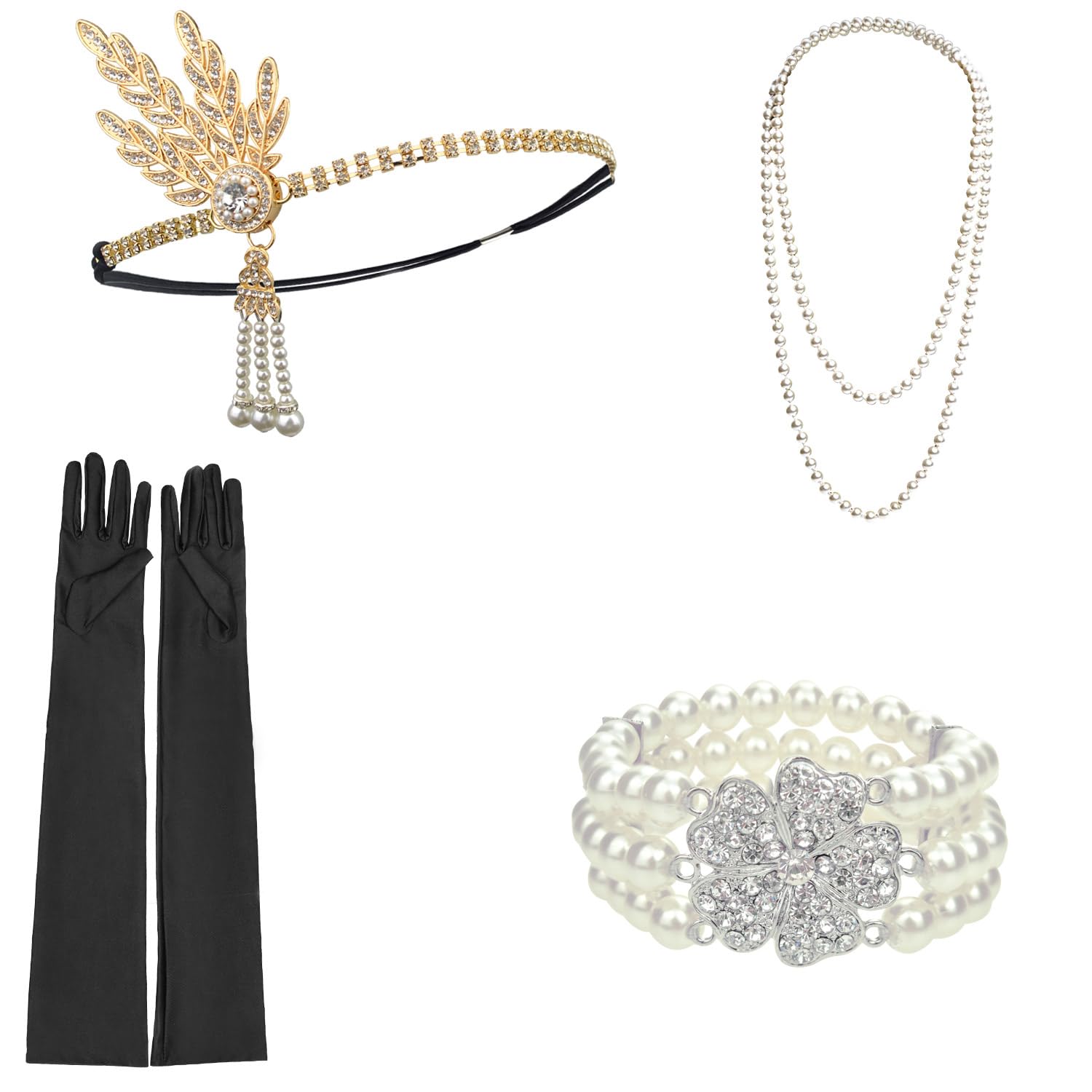 DRESHOW 1920s Accessori Flapper Anni 20s Gatsby Costume Set Orecchini Collana Fascia Guanti Estensibile Set Flapper per Festa Ballo