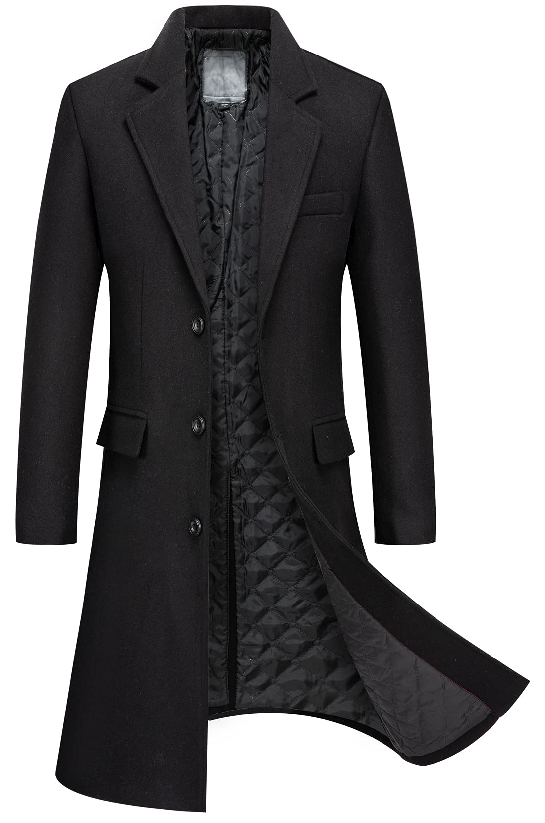 chroes Men's Winter Notched Collar 3 Button Heavyweight Thick Quilted Lined Woolen Long Trench Coat with Split Black-picture-18