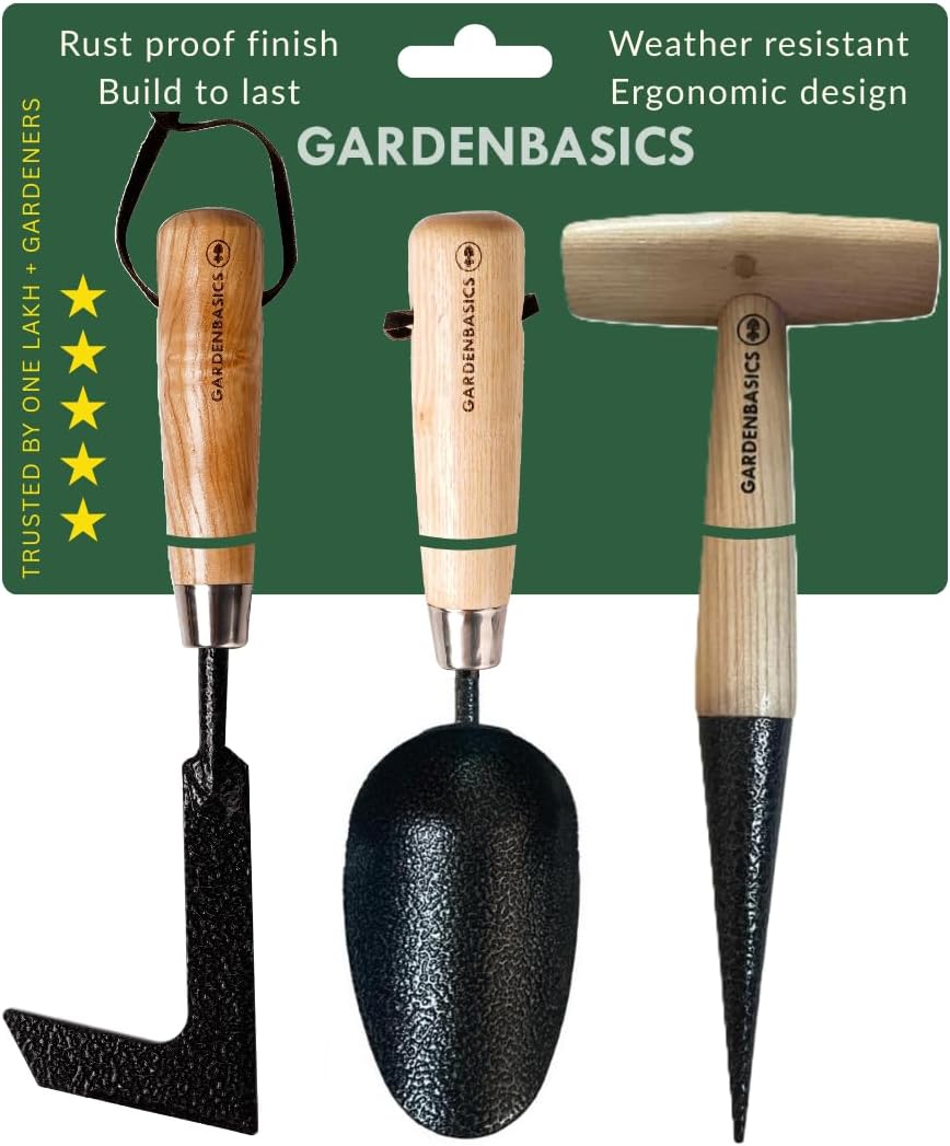 3 PCS Gardening Tools Kit for Home Garden | Rust Proof Garden Tool Set | Heavy Duty | Wooden Handle | Farming Tools for Indoor & Outdoor Use | Potting Soil Scoop, Patio Weeder & Dibber