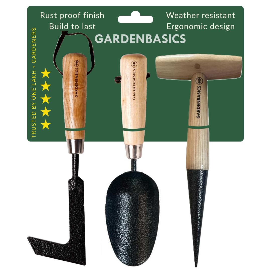 GARDENBASICS 3 PCS Gardening Tools Kit for Home Garden | Rust Proof Garden Tool Set | Heavy Duty | Wooden Handle | Farming Tools for Indoor & Outdoor Use | Potting Soil Scoop, Patio Weeder & Dibber