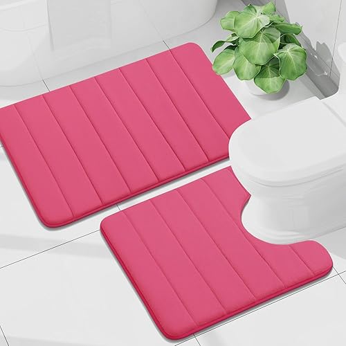Miniatura 29 de Buganda Juego de 2 tapetes de baño de espuma viscoelástica y tapete para inodoro en forma de U, lavable a máquina, suave, antideslizante, Negro