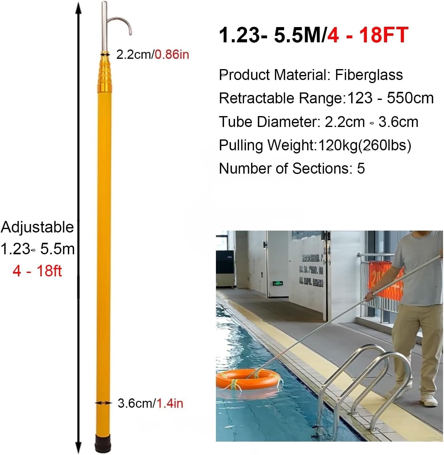 Palo di Salvataggio, Asta telescopica di Salvataggio in Acqua con Gancio - Asta di Salvataggio in Fibra di Vetro con Ganci in Acciaio Inossidabile per Nautica e ormeggio - Attrezzatura di es