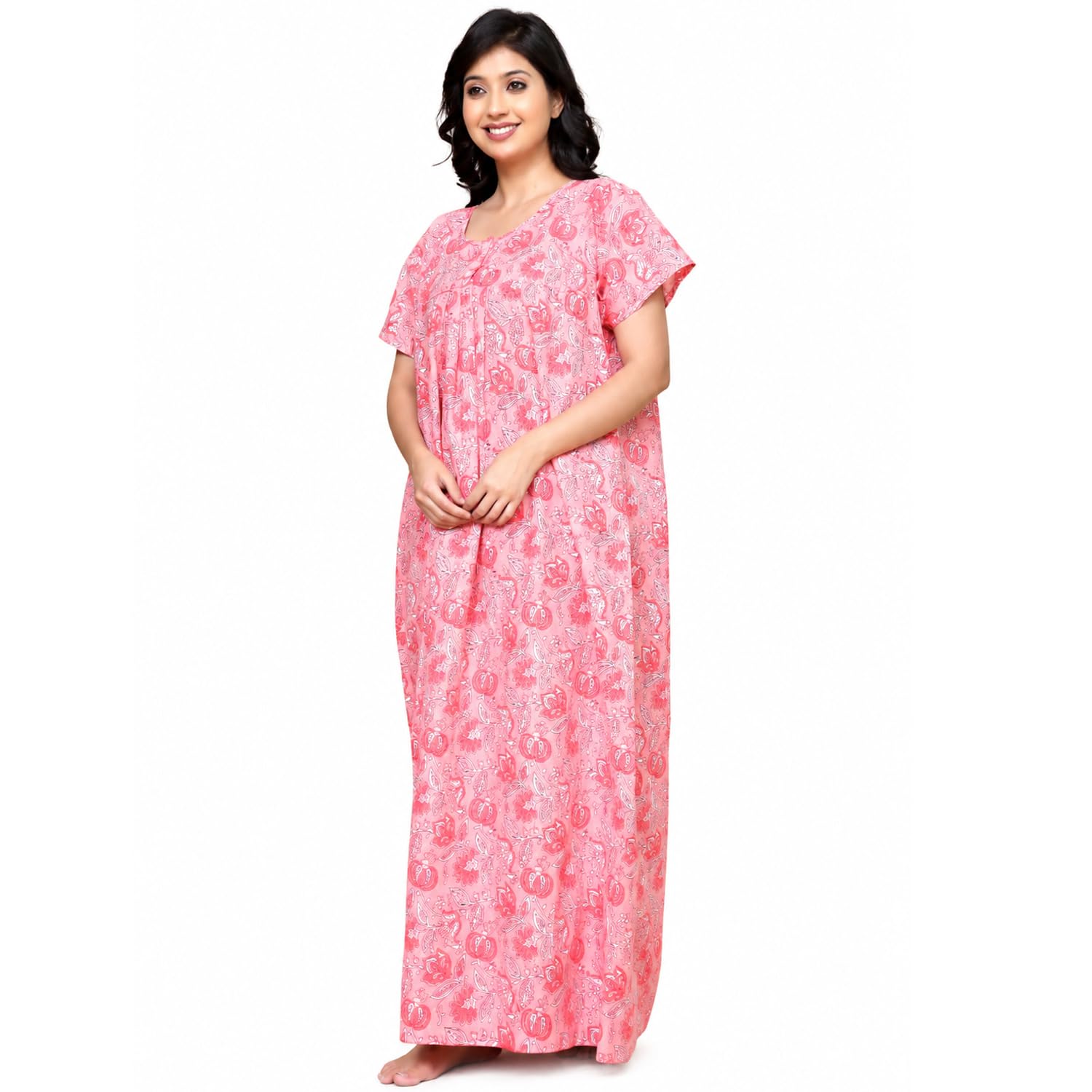 Women's Printed Nighty | Soft Comfortable Night Gown | Round Neck | Front Button Closure | Short Sleeves | Full Length Sleepwear Maxi Gown for Women | Free Size-image-33