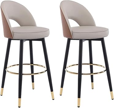 Cocina Swivel Bar Stools Set of 2 w/Back and Arms Round Leather Kitchen Island Barstools 25 inch Counter Height Bar Chairs Black Metal Legs + Gold Footrest for Pub Home Bar Dining Room Counter Stools