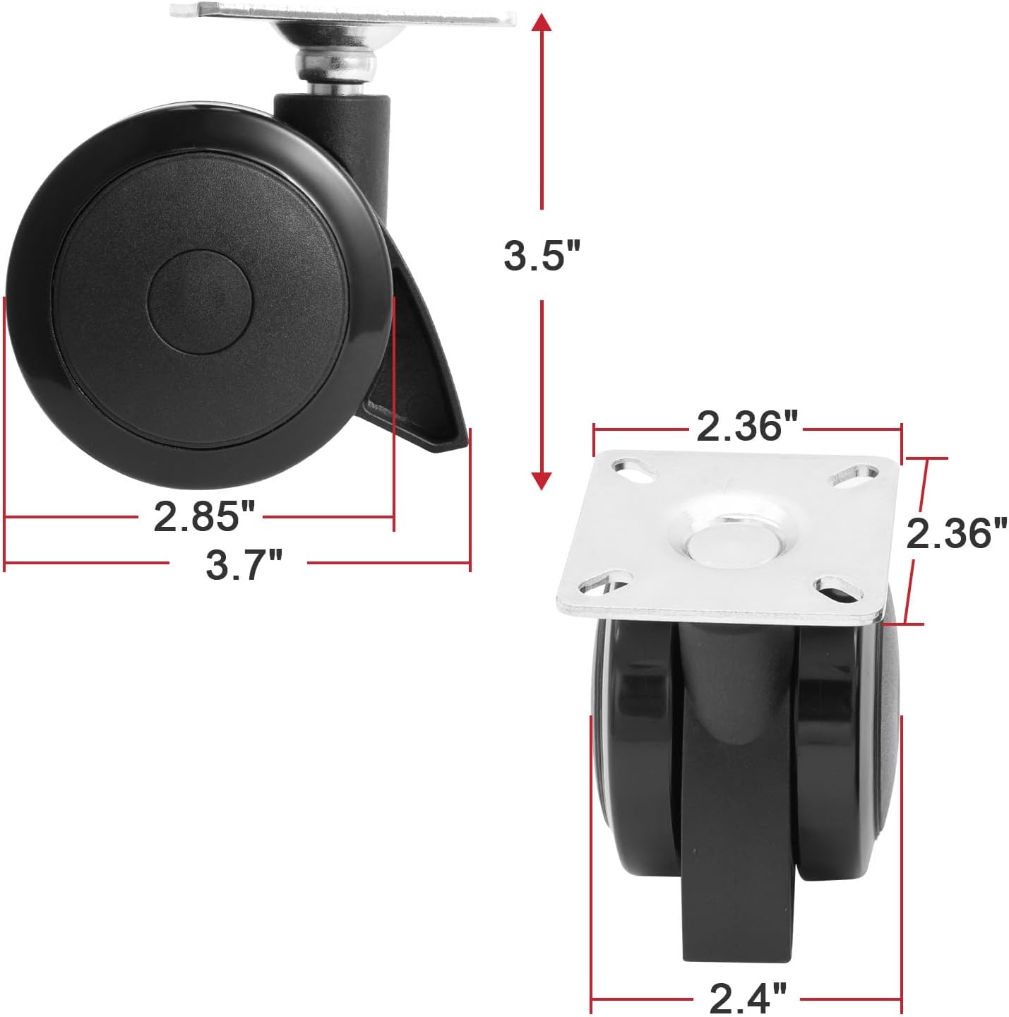 Diagram showing the dimensions of the GLOWYE caster wheel