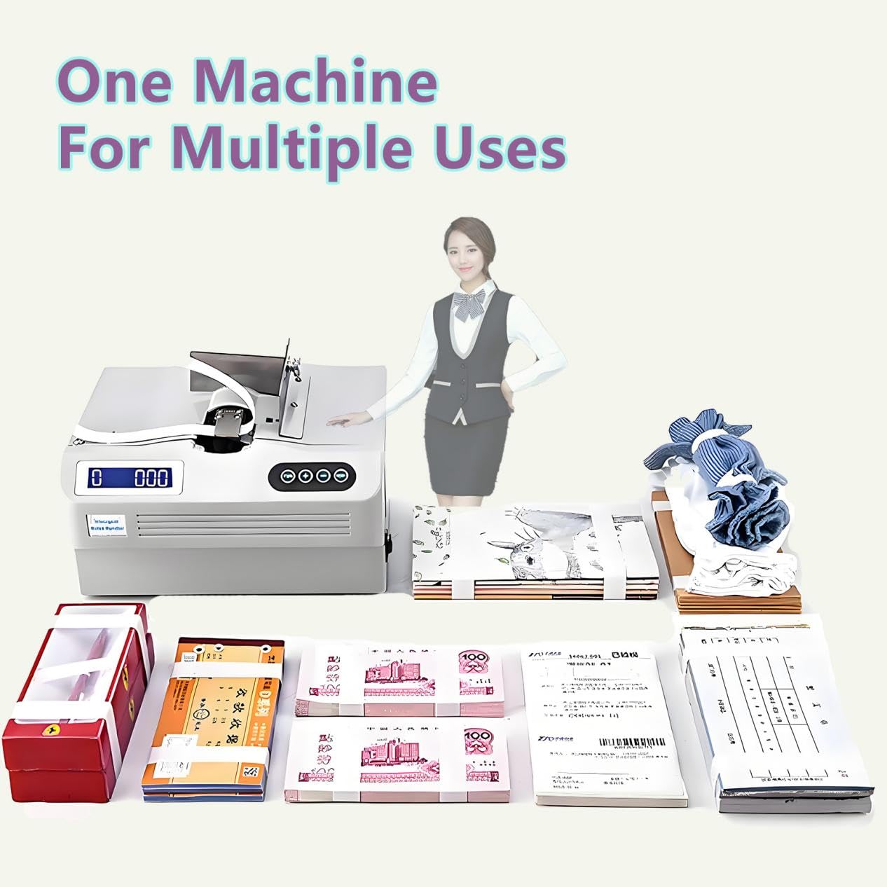 Encuadernadora de billetes con función de conteo y pantalla LCD, empacadora automática de dinero, pequeña máquina de embalaje de papel, eficiente y compacta