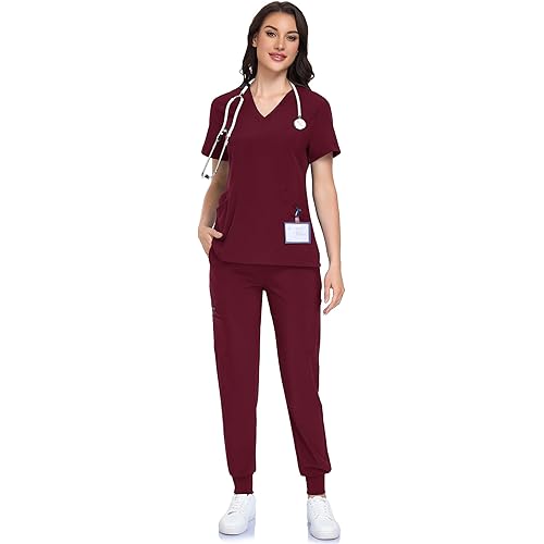 Scrubs for Women Set - V-Neck Scrub Top & Jogger Pant with 10 Pockets, 4 Way Stretch Nurse Uniform