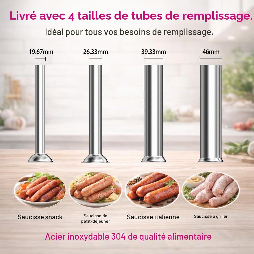Poussoir à Saucisses Manuel 5 L, Machine à Saucisses en Acier Inoxydable SUS304, Embosseuse à 2 Vitesses avec 4 Tubes, Poussoir à Viande pour Cuisine
