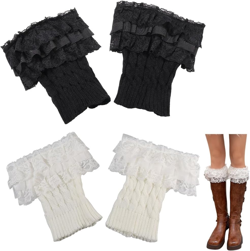 2 Paris Black White Ruffle Lace Boot Cuff Socks Summer Winter Fashion Decorative Stretch Crochet Laced Trim Leg Warmers Toppers Short Knitted Cuffs Calf Socks Bulk for Women Gift Accessories