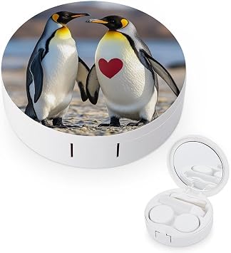 Penguin with Heart Round Contact Lens Case, Portable Contact Lens Box with Mirror, Compact Holder Container for Daily Makeup Office Travel Outdoor