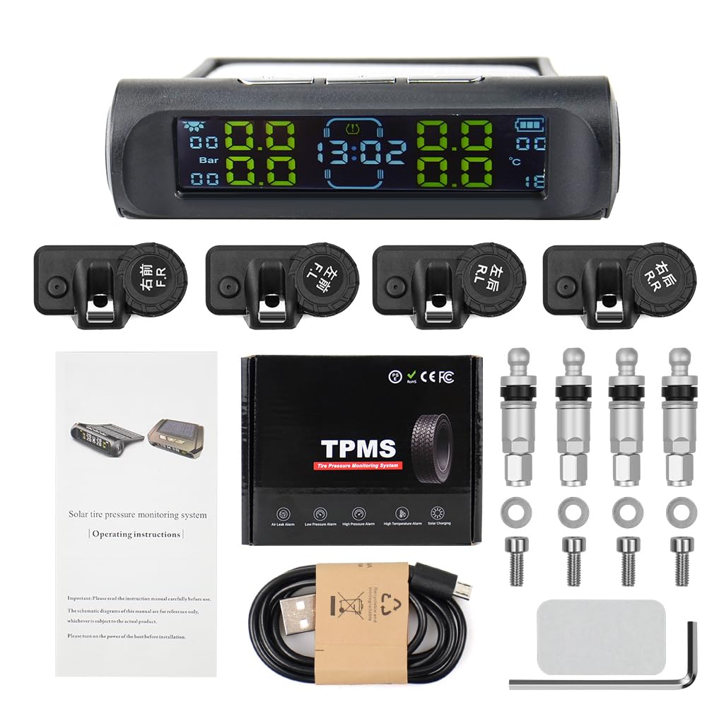 Tpms Sistema di monitoraggio della Pressione dei Pneumatici Wireless Universale Display dell'orologio a energia Solare 4 sensori con sensore Esterno(Internal Clock)