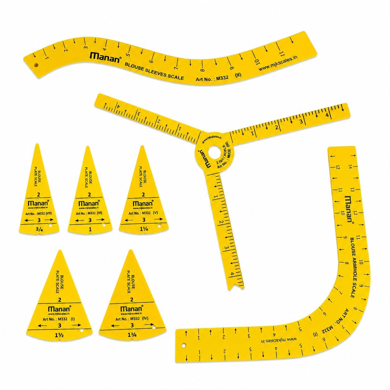 Blouse Drafting Scale Set, 8-Piece Tailoring Ruler Kit | Armhole & Sleeve Scales, Blouse Plate Scales, Sewing & Stitching, Yellow Plastic Rulers, M332 Series-image-38