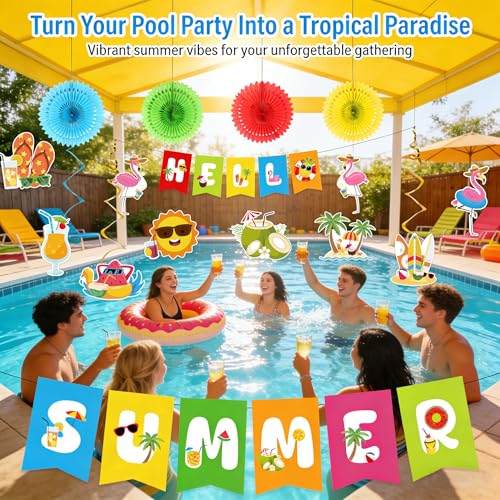 Summer Party Decorations, Hello Summer Banner Beach Pool Party Decorations with Hanging Swirls and Paper Fans for Home, Office, School, Classroom — view 5