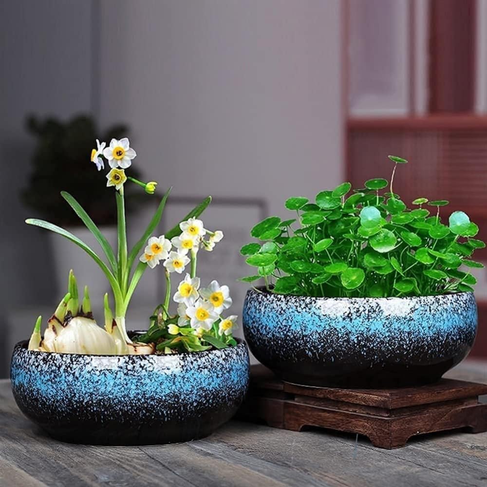 Okrągłe płytkie szkliwione ceramiczne doniczki na kwiaty niebieskie doniczki na sukulenty nieporowate doniczki bonsai zewnętrzne ozdobne ceramiczne doniczki na rośliny po